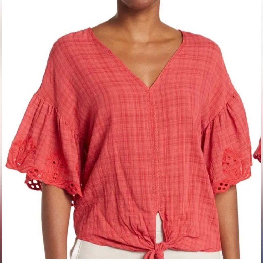 MAX STUDIO Red Ruffle Embroidered Top Size S